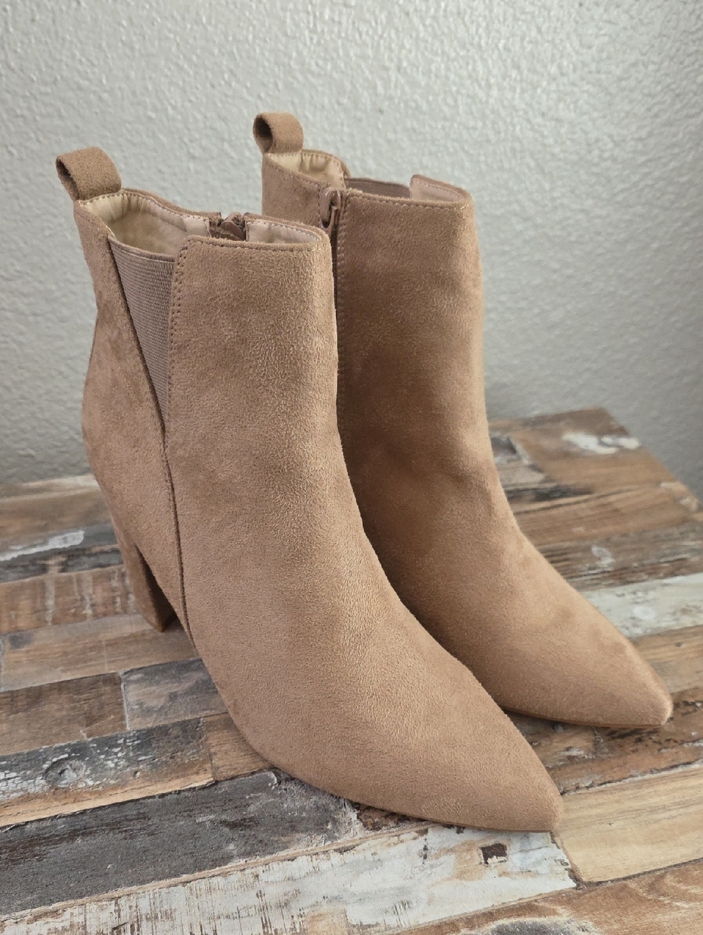 Allegra K Taupe Suede Pointed-Toe Ankle Booties